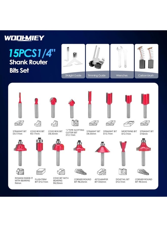 ZLH HITY Palm Router Tool, 800W 30000Rpm Electric Woodworking Hand Router with Trimmer Base & 15Pcs 1/4"(6.35mm) Router Bits Set, 220V Wood Trimmer Router - Image 3